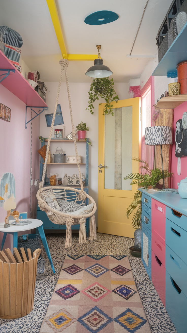 A colorful utility room featuring modern washing machines, playful decor, and shelves with various items.