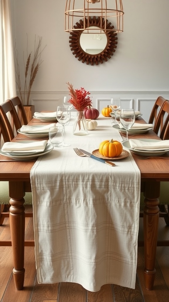 A dining table set with a crisp linen table runner, surrounded by pumpkins and a vase of foliage.