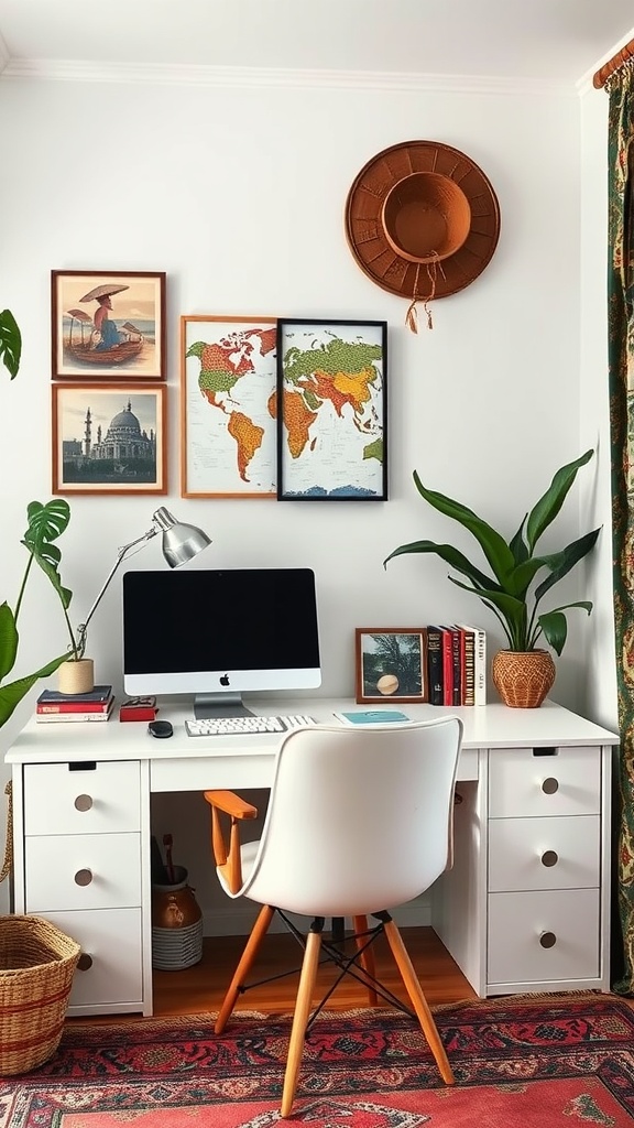 A cultural fusion home office featuring a modern desk, computer, framed pictures, colorful maps, a decorative hat, and plants.