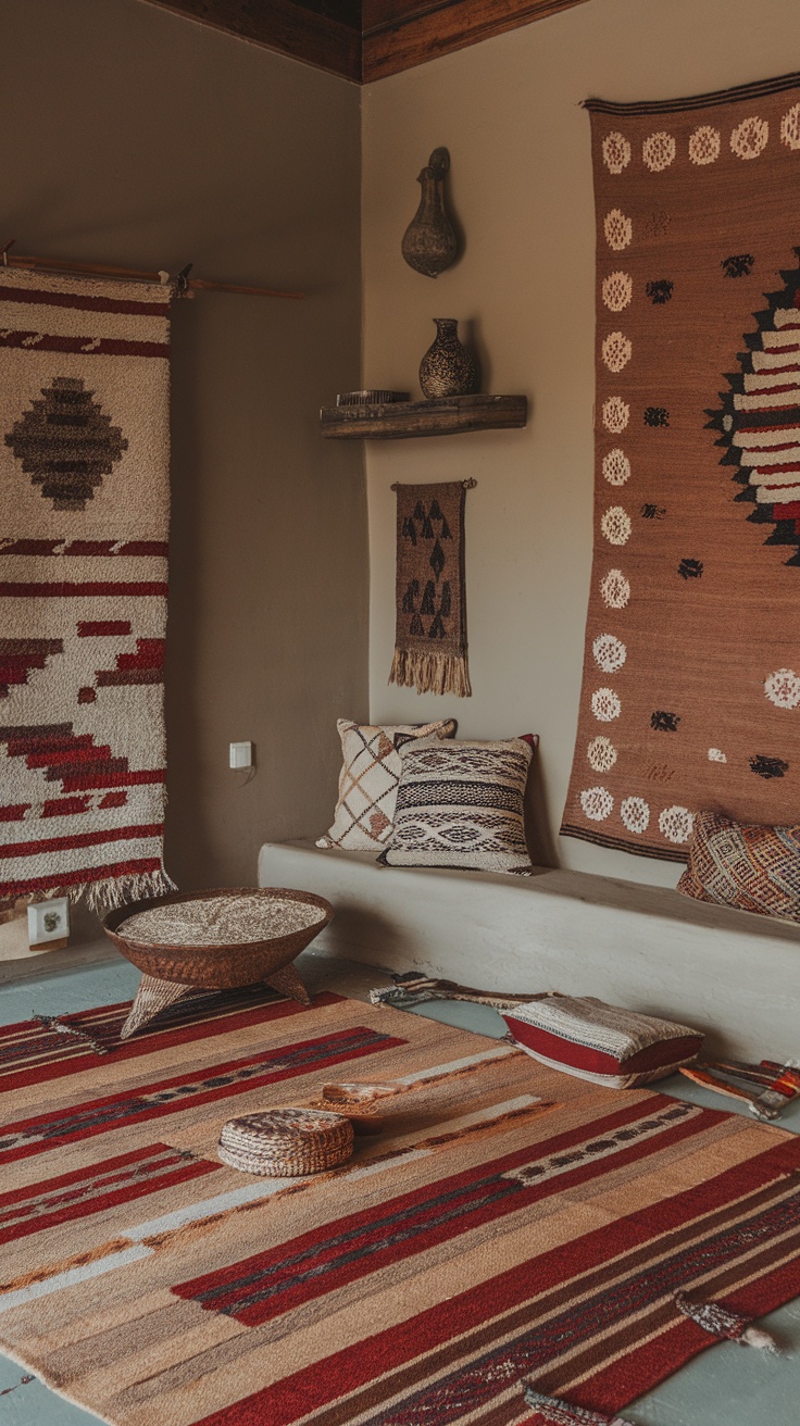 Cozy bedroom featuring cultural heritage decor with patterned bedding and wall art.