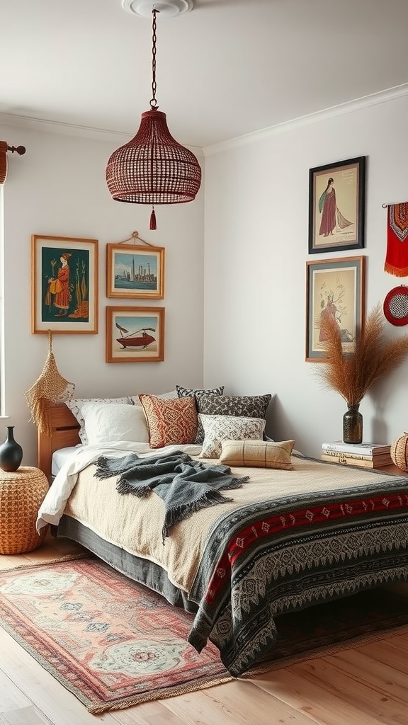 A cozy Scandinavian bedroom featuring a warm color palette, cultural artwork, and textured fabrics.
