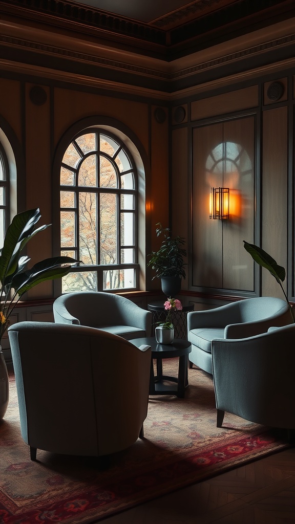 A cozy seating area featuring curved armchairs and a round table in a stylish interior.