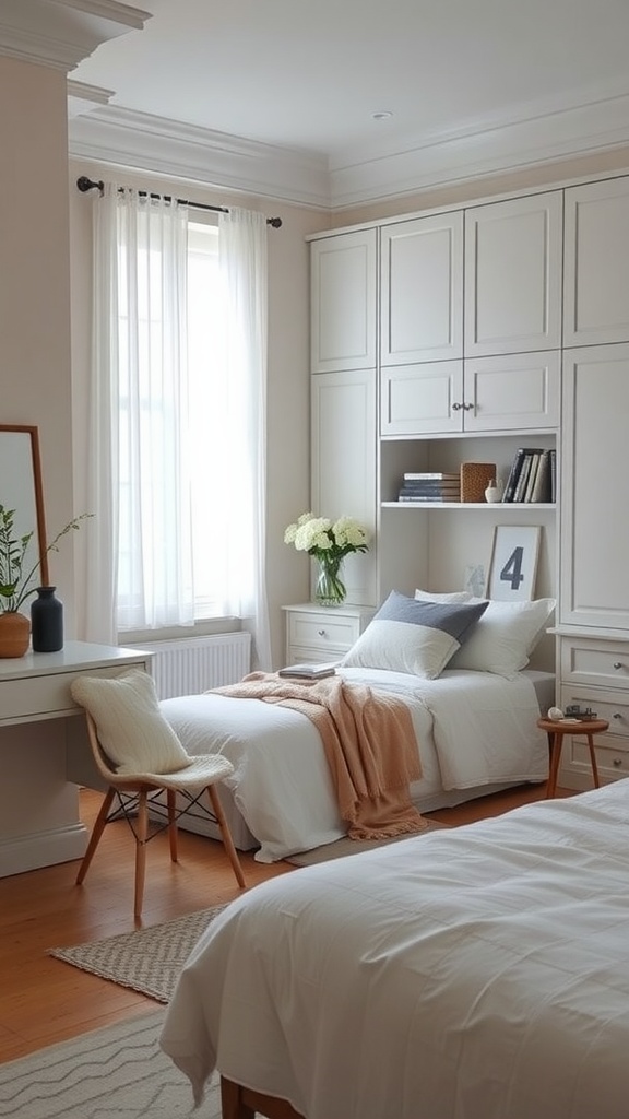 A Scandinavian bedroom featuring custom built-ins with white cabinetry, a cozy bed, and natural light.