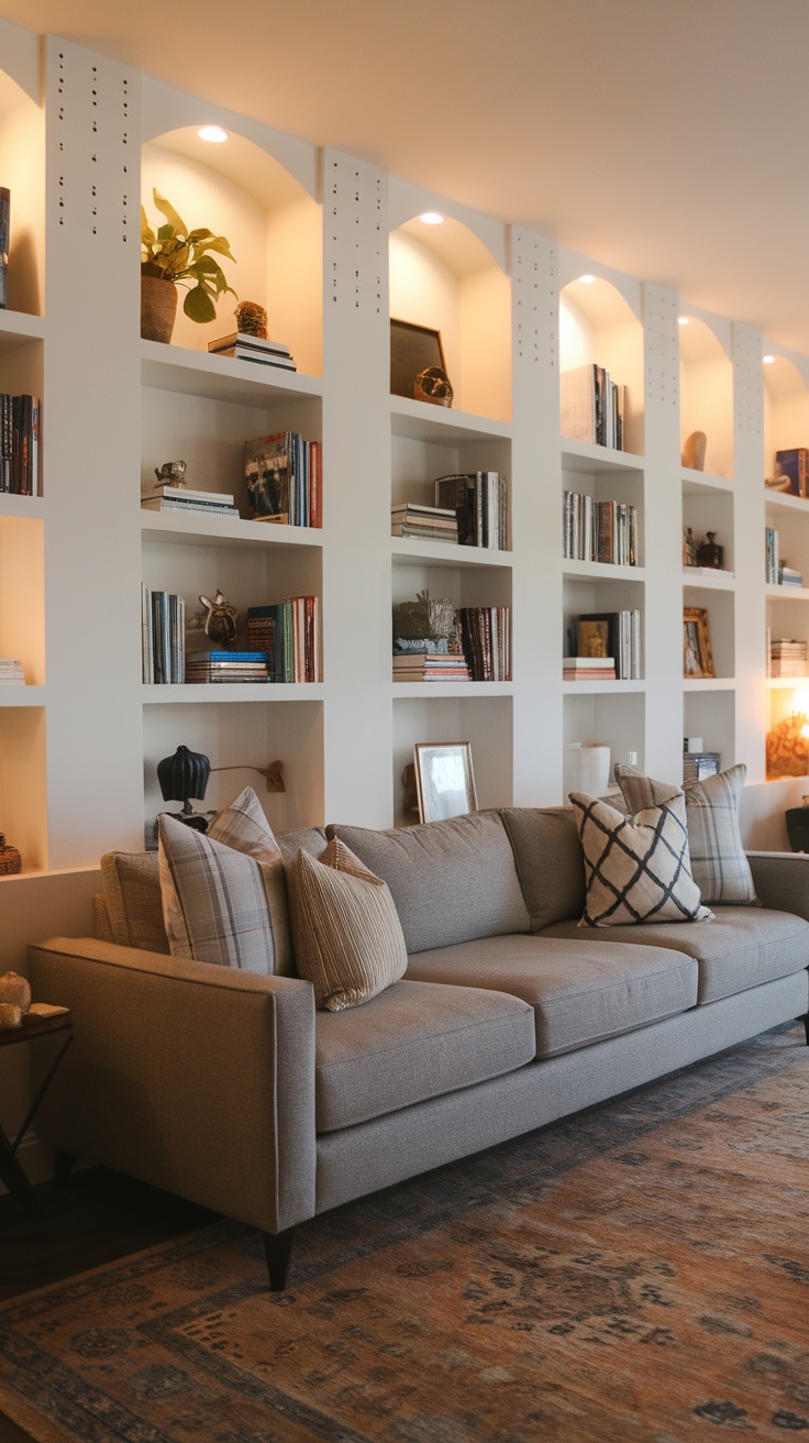 A contemporary living room featuring custom built-ins with shelves and a TV unit.