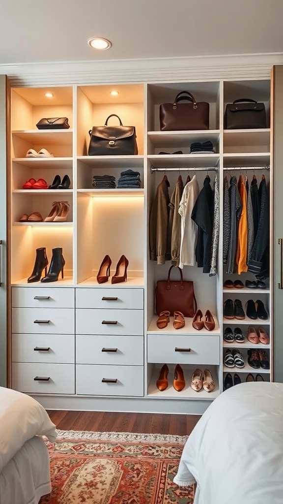 A stylish bedroom closet with custom built-ins, showcasing shoes, bags, and clothing in an organized manner.