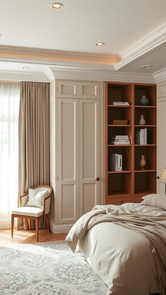 A small bedroom featuring custom built-in storage shelves and cabinets.