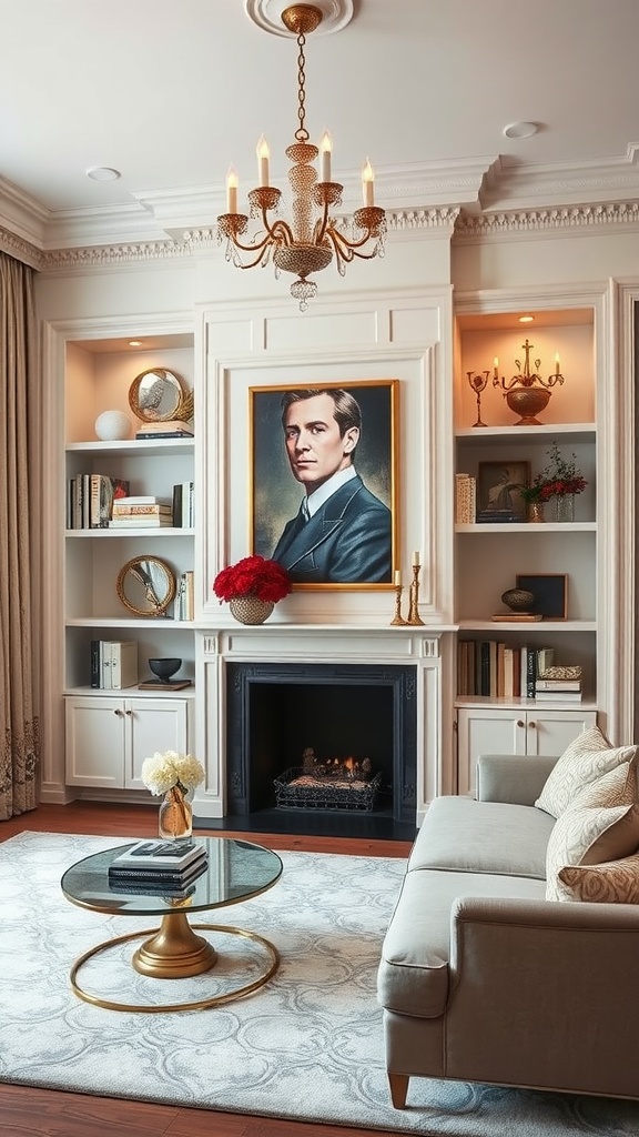 A luxurious living room featuring custom built-ins, a portrait, and a modern coffee table.