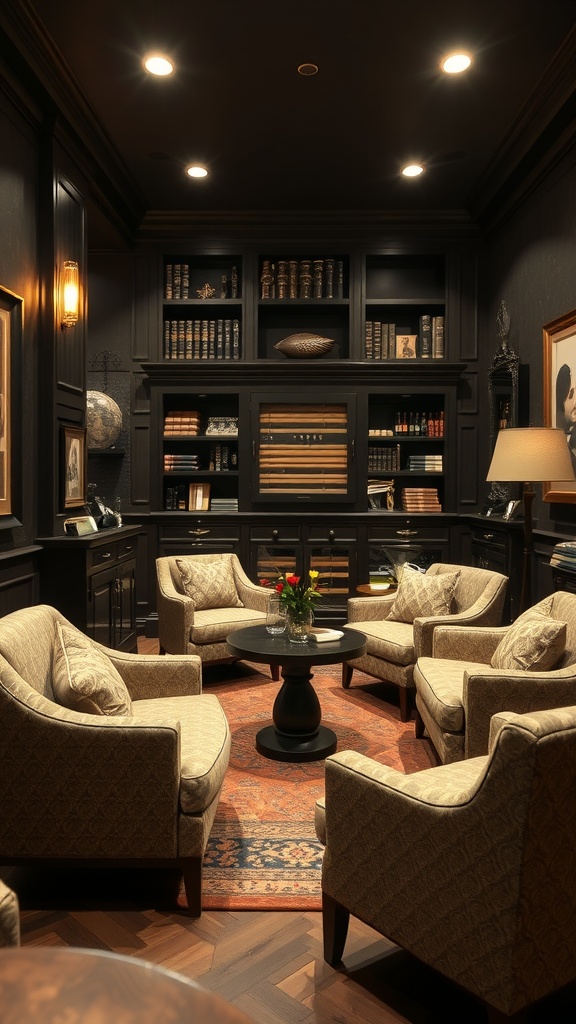 A classy cigar lounge with comfortable seating, a coffee table, and bookshelves.