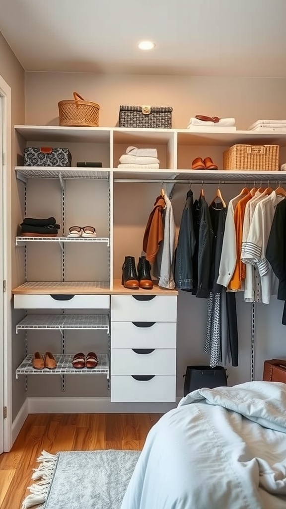 Customizable closet system featuring shelves, drawers, and organized clothing