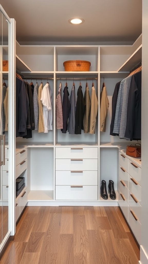 A well-organized walk-in closet featuring hanging clothes, drawers, and a basket on a shelf.