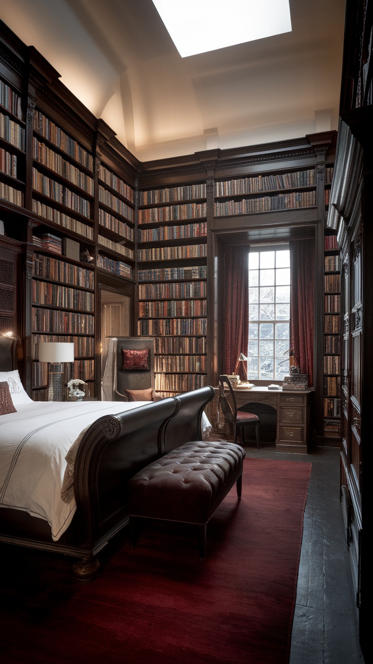 A cozy Dark Academia bedroom with dark wood furniture, a chandelier, and a large bookshelf.