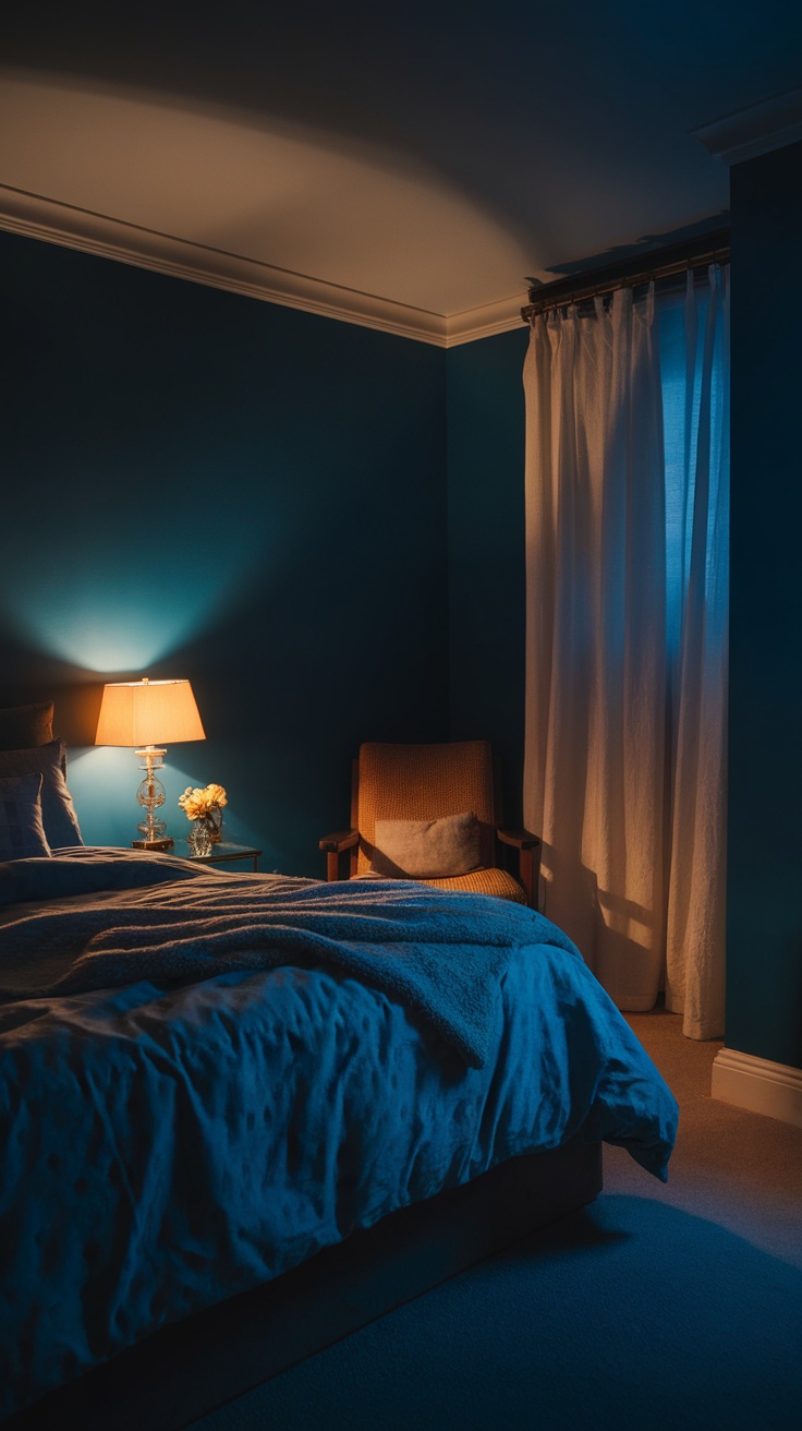 A dark and cozy bedroom featuring blue walls and a rumpled bed with soft linens.