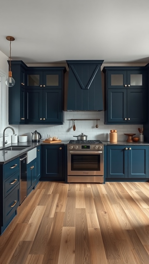 A kitchen featuring dark navy blue cabinets, stainless steel appliances, and wooden flooring.