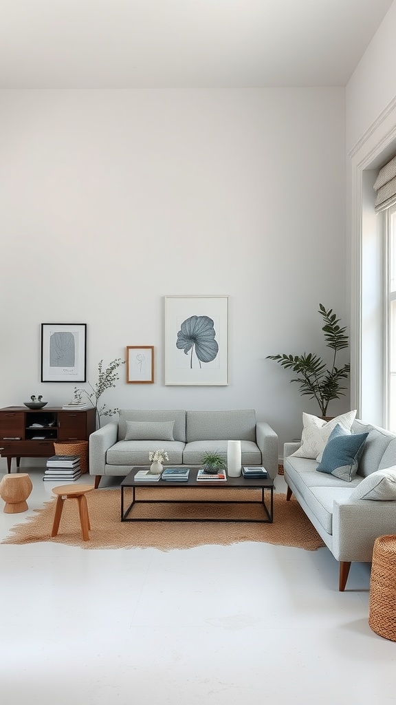 A minimalist living room with a light color scheme, simple furniture, and decorative plants.