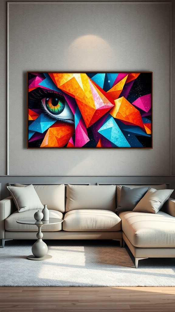 A colorful geometric artwork featuring an eye above a beige sectional sofa in a modern interior.