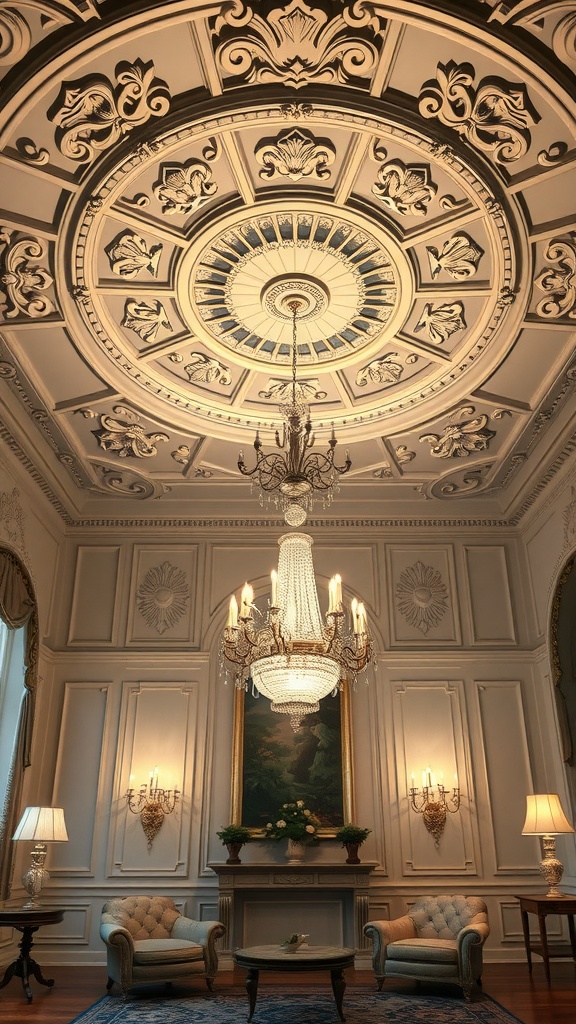 A Victorian living room featuring an ornate ceiling medallion and a large chandelier.