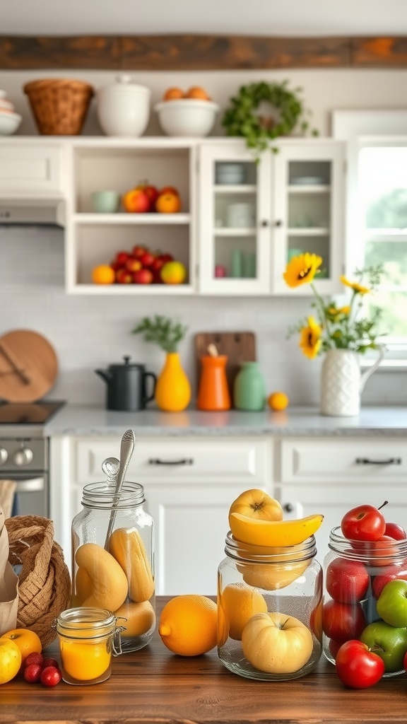 Colorful fruit jar displays on a kitchen countertop