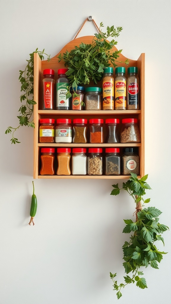 Decorative wooden spice rack filled with various spices, featuring vibrant red lids and fresh herbs.