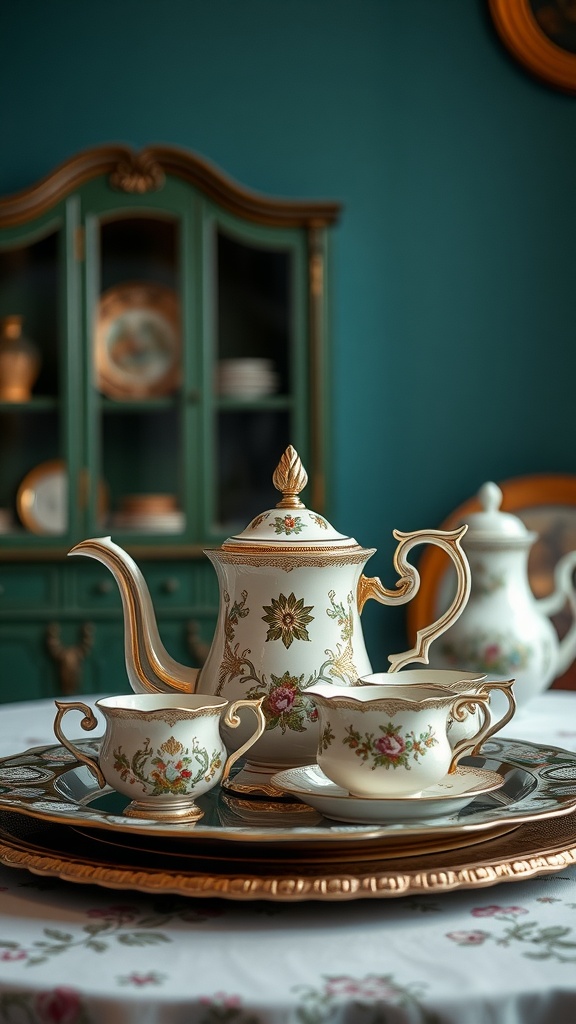 A decorative tea set with floral patterns and gold accents displayed on a tray, with a green cabinet in the background.