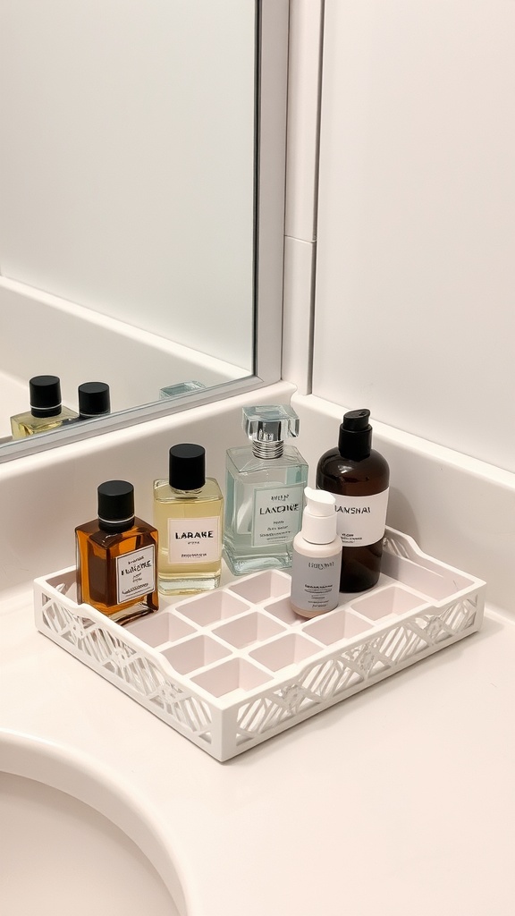 A white decorative tray holding various bottles on a bathroom countertop.