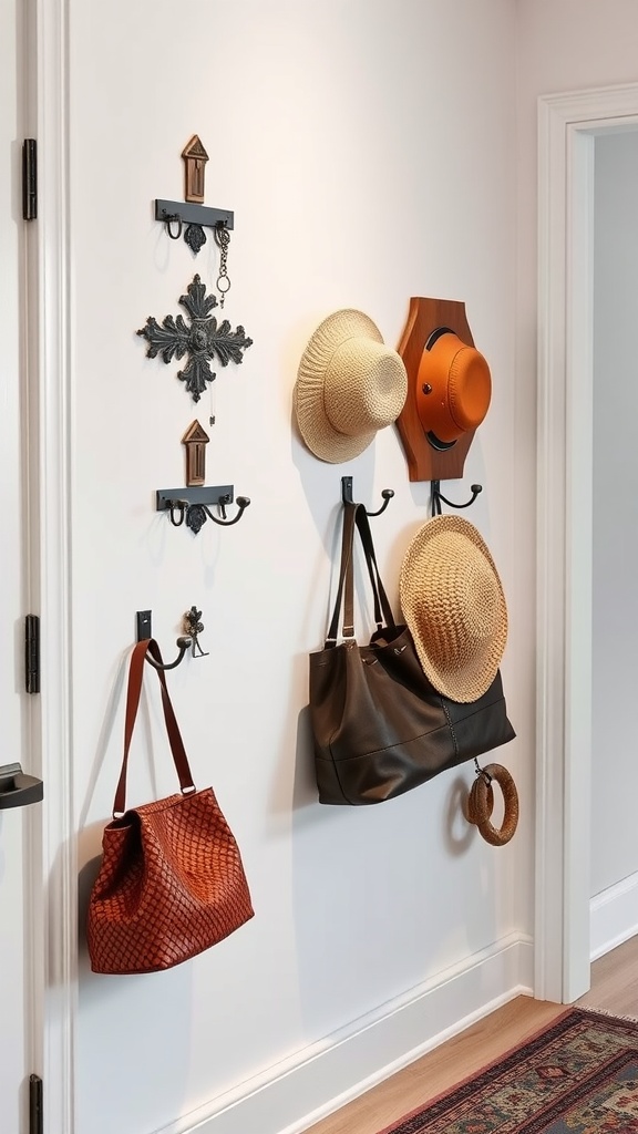 Decorative wall hooks displaying hats and bags in a hallway