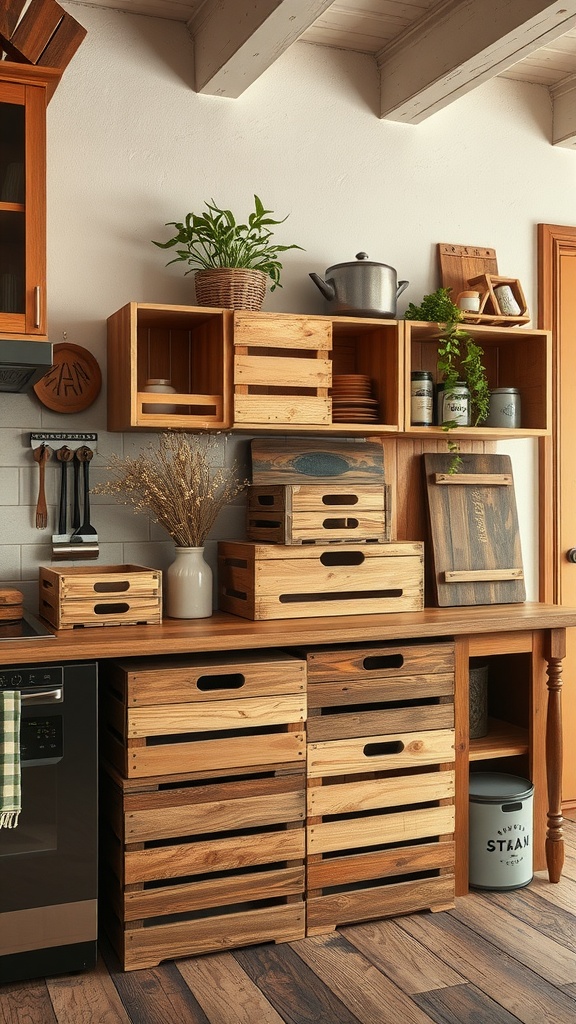Wooden crates arranged in a rustic kitchen setting, showcasing storage and decor elements.