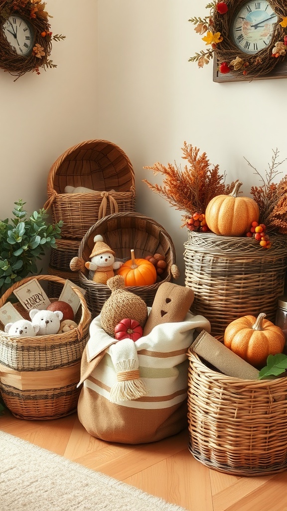 A cozy corner with decorative woven baskets filled with fall items like pumpkins and plush toys.