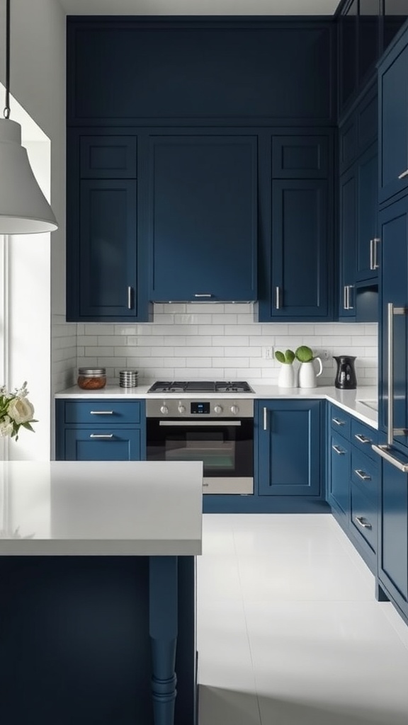 A modern kitchen featuring deep blue cabinets with white accents, showcasing a bright and inviting cooking space.