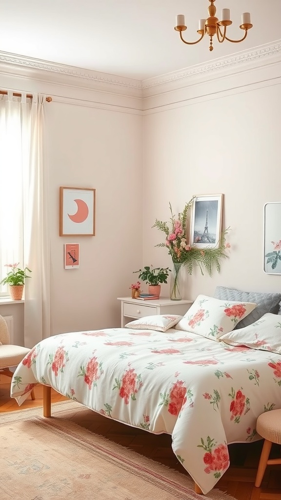 A cozy bedroom featuring a floral bedspread with pastel colors, potted plants, and French-themed wall art.