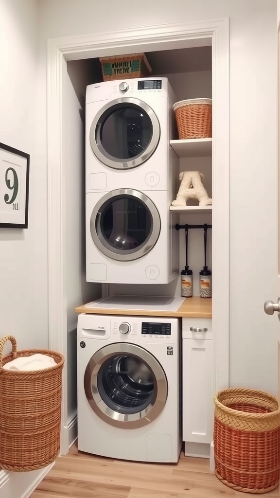 Compact laundry room with stacked washer and dryer, shelves, and woven baskets