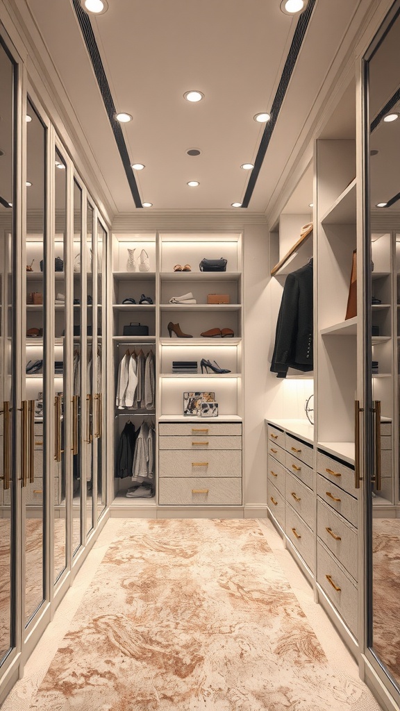 A stylish walk-in closet featuring mirrored doors, neatly organized shelves, a cozy rug, and ample lighting