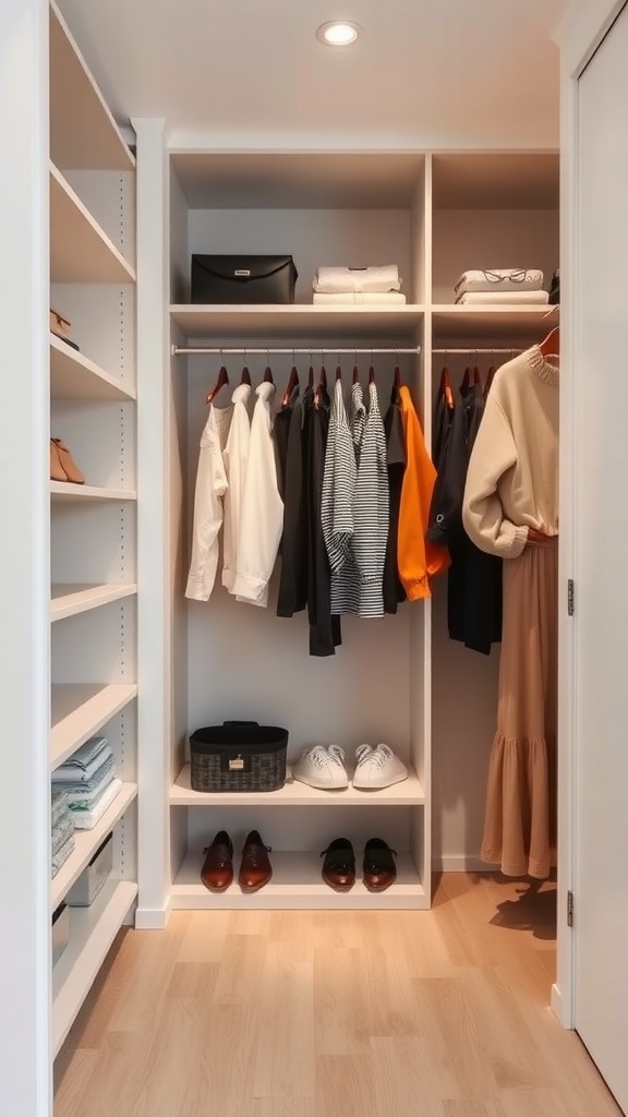 A minimalist bedroom closet with organized shelves and hanging clothes