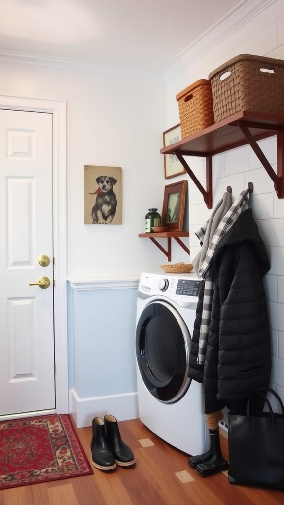 Multi-functional laundry room with a washing machine, coat rack, and storage baskets