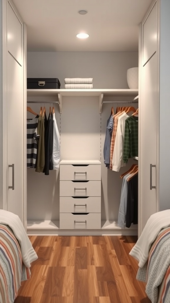 A well-organized closet with hanging clothes, shelves, and drawers, showcasing accessibility in design.