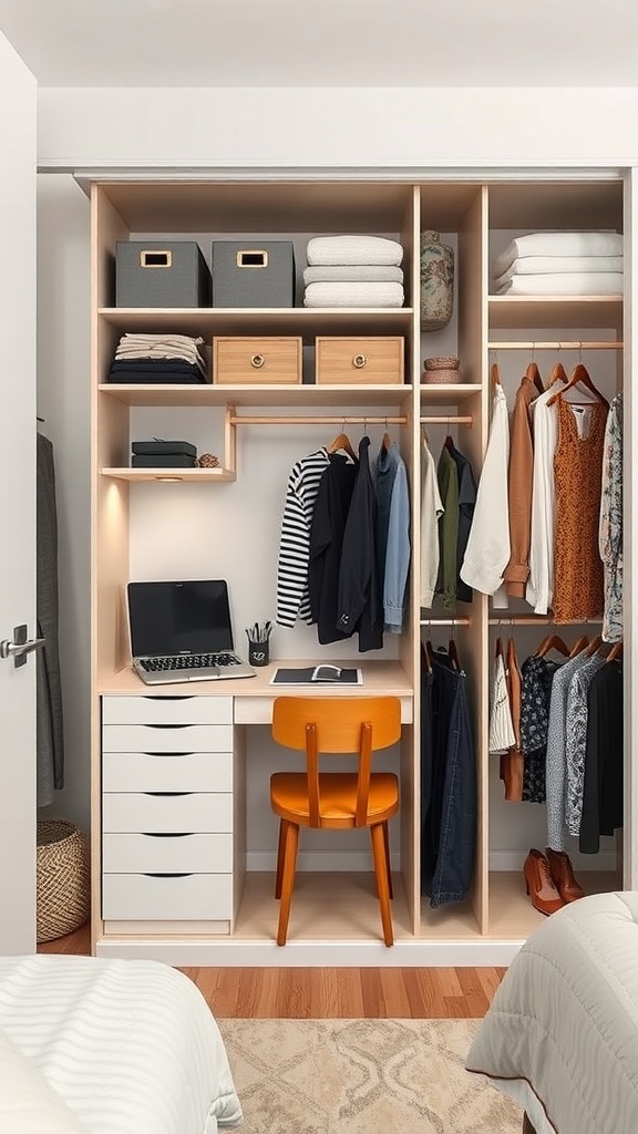 A modern bedroom closet design combining storage for clothes and a workspace with a desk and chair.