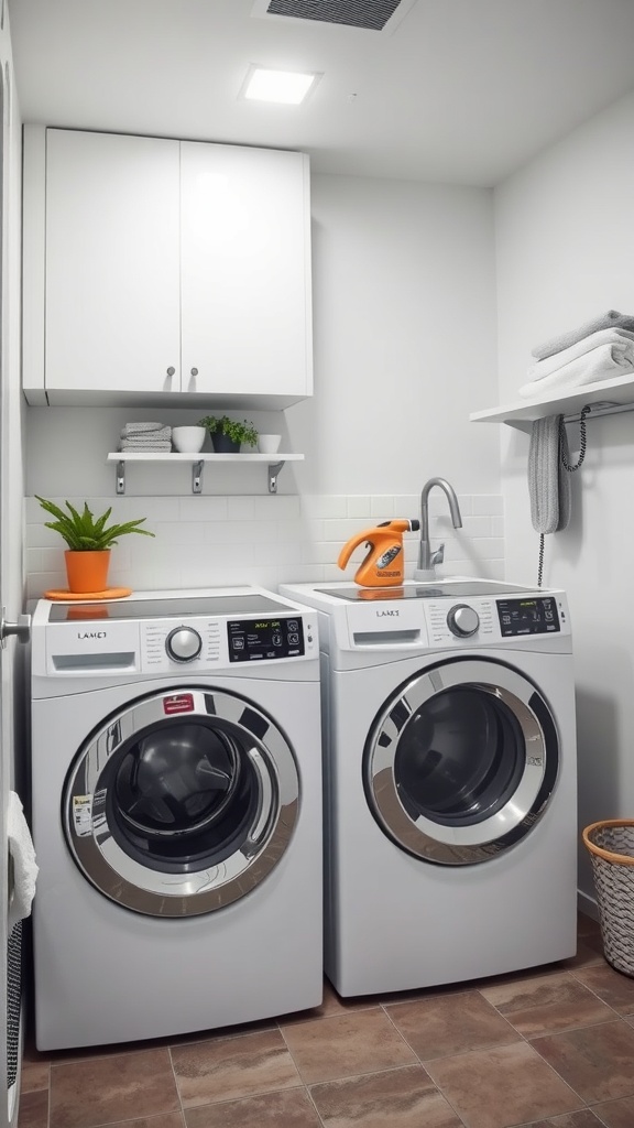 A modern laundry room with white cabinets, sleek appliances, and easy-clean surfaces.