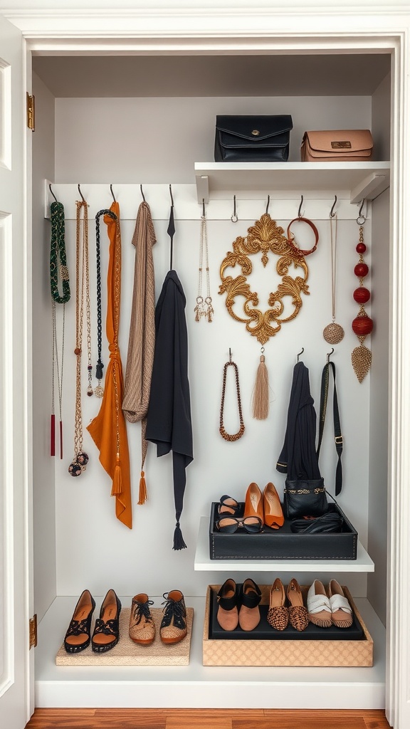 Stylishly organized closet displaying accessories like shoes and jewelry