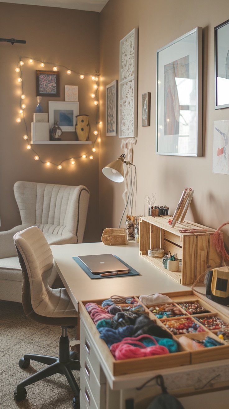 A bright and colorful teen girl's bedroom with a crafting desk, vibrant decor, and a cozy bed.