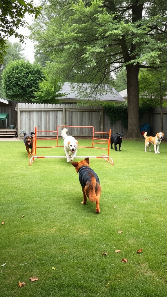 A dog-friendly backyard with an agility course featuring several dogs playing.