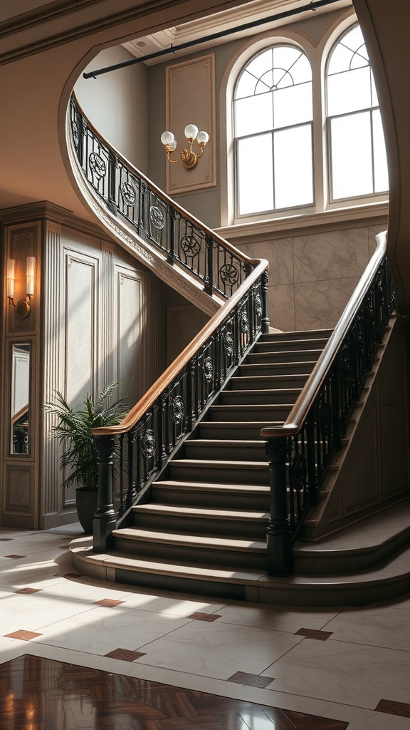 A dramatic Art Deco staircase with a curved design, ornate black railing, and elegant wooden details.
