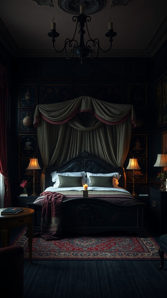 A moody bedroom featuring a dramatic canopy bed with elegant drapes, soft lighting, and rich textures.