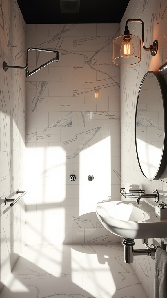 A modern bathroom with dramatic lighting featuring a clear glass pendant light and textured wall design