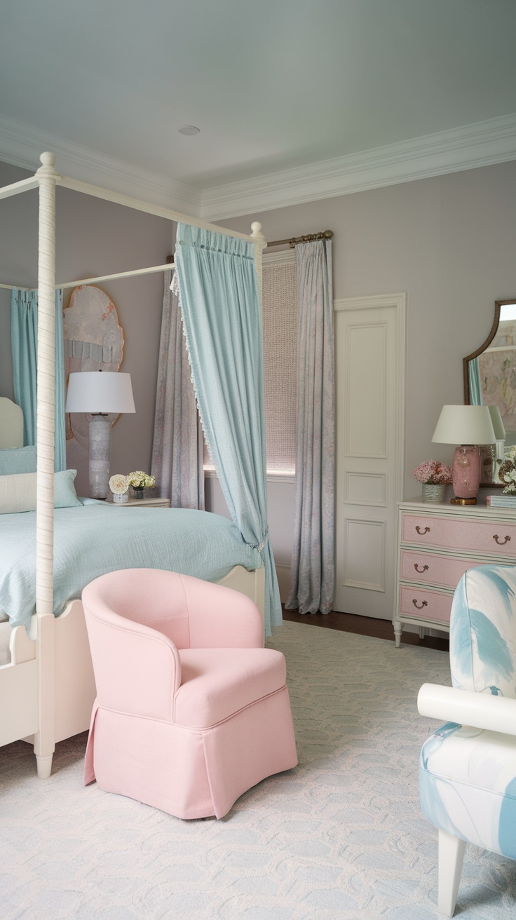 A cozy bedroom featuring soft pink walls, white bedding, and elegant decor, creating a serene atmosphere.