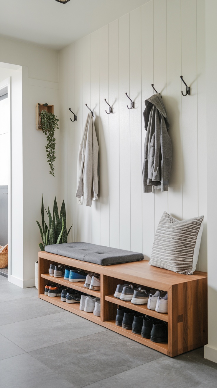 Stylish dual-purpose bench with shoe storage in a modern entryway.