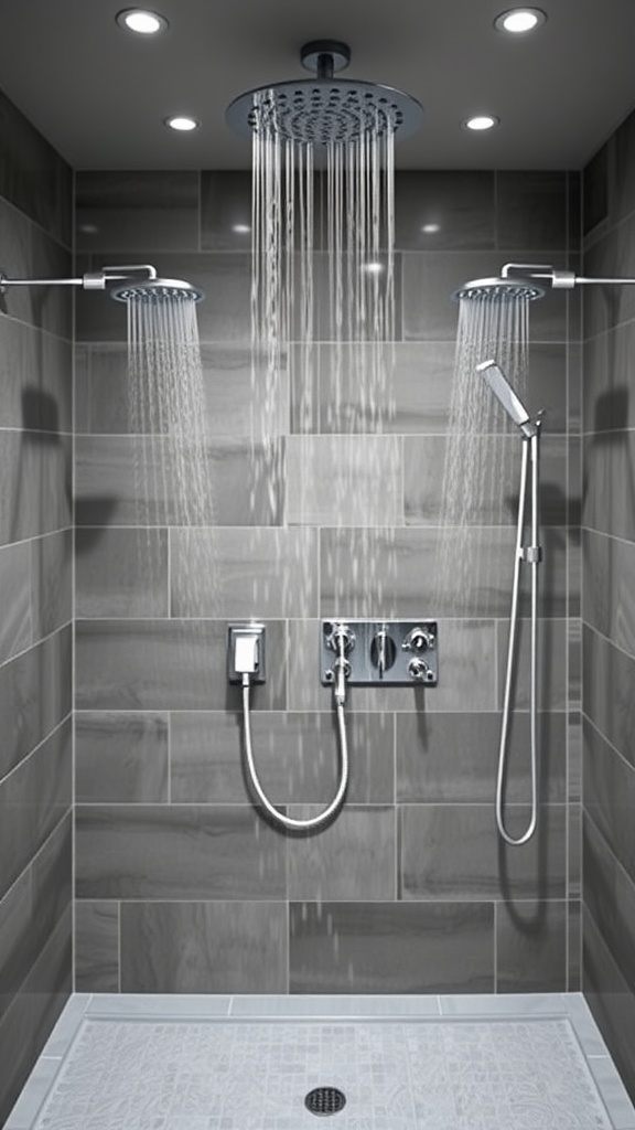 A modern bathroom shower with dual showerheads and a rain showerhead