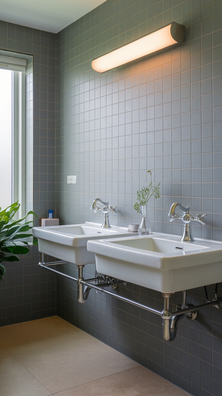A modern bathroom featuring dual sinks with a white marble countertop and wood cabinetry