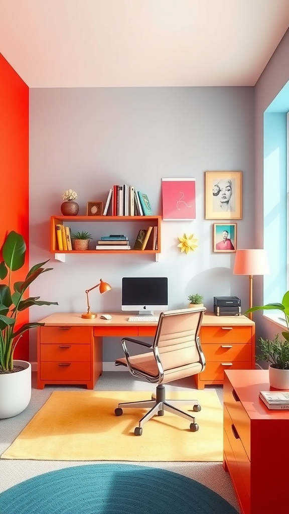 A vibrant home office featuring an orange desk and shelving, gray walls, and decorative plants.