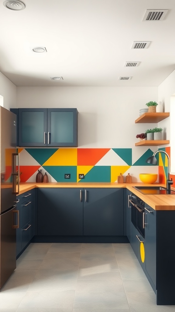 A colorful kitchen featuring dynamic geometric designs with navy cabinets and a vibrant backsplash.