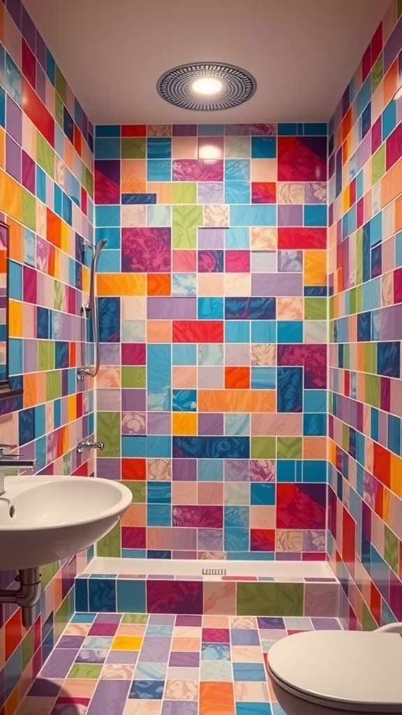 Colorful shower tiles in a bathroom with vibrant designs and patterns.