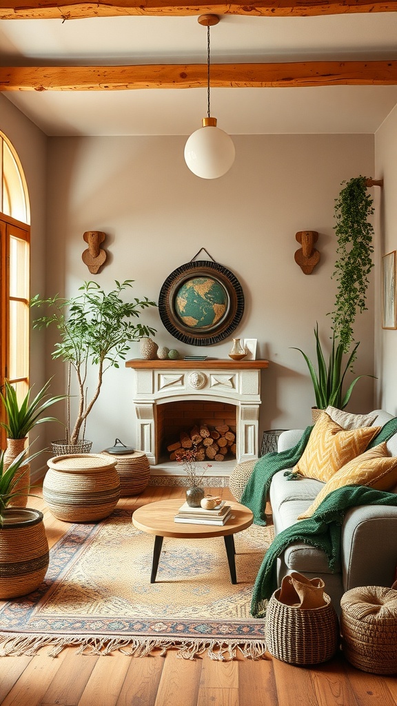 A cozy boho living room with earthy tones, plants, and a fireplace.